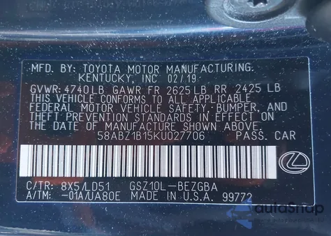2019 Lexus Es 350 from USA, damaged, VIN 58ABZ1B15KU027706